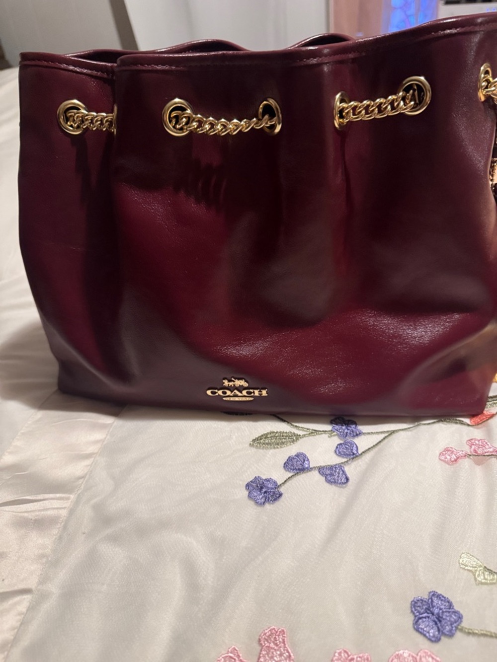 Coach Burgundy Leather Drawstring Shoulder Bag with Gold Chain Accents